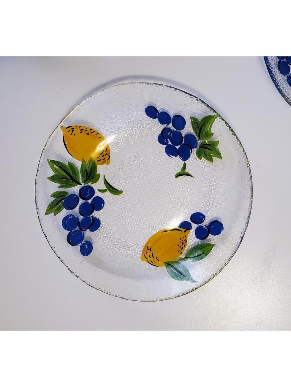 6 Vintage Arcoroc French Textured Glass Salad Desert Plate with Grapes and Lemon